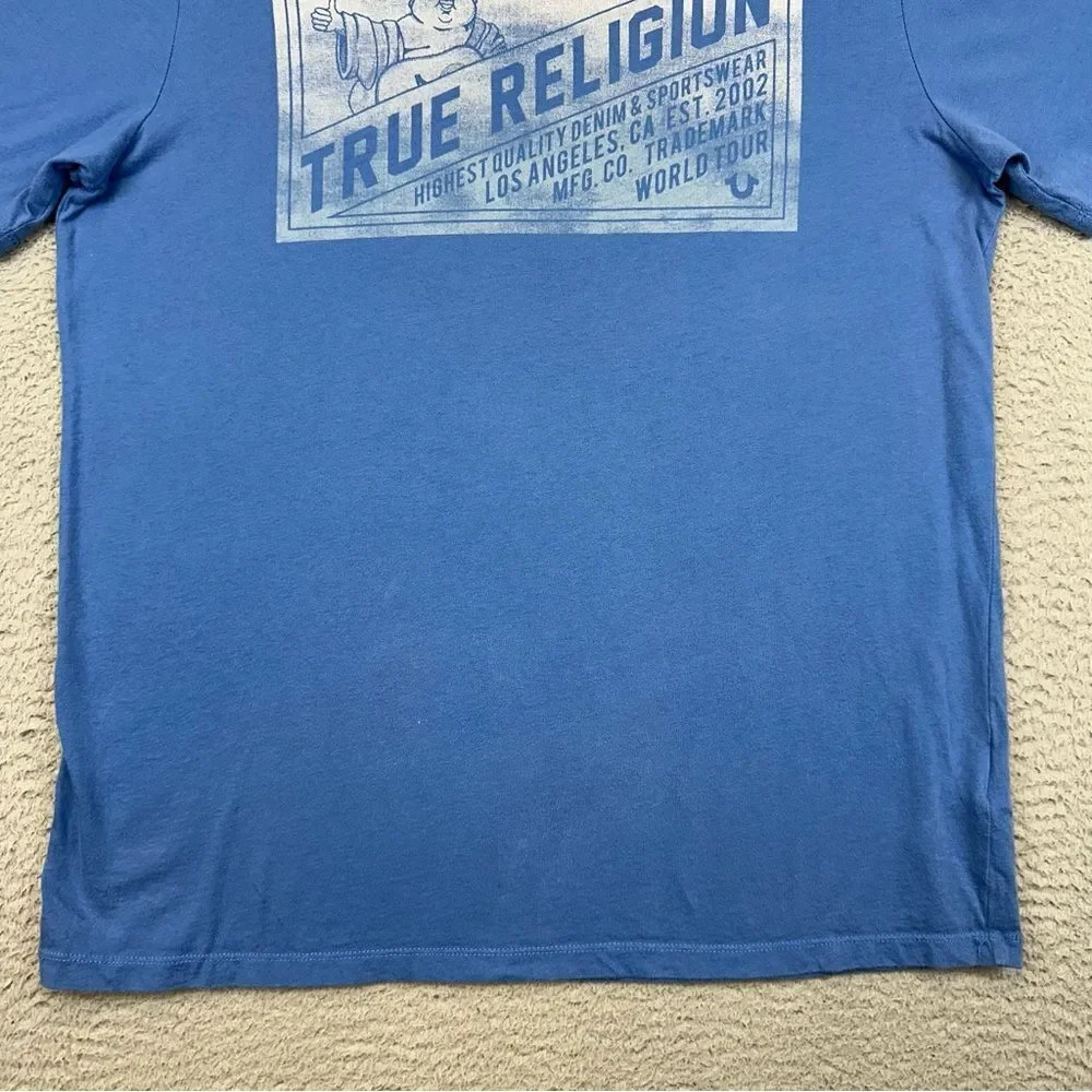 True Religion Shirt Mens Large Blue Box Budha CRW NK Front Logo Rock‎ Hipster